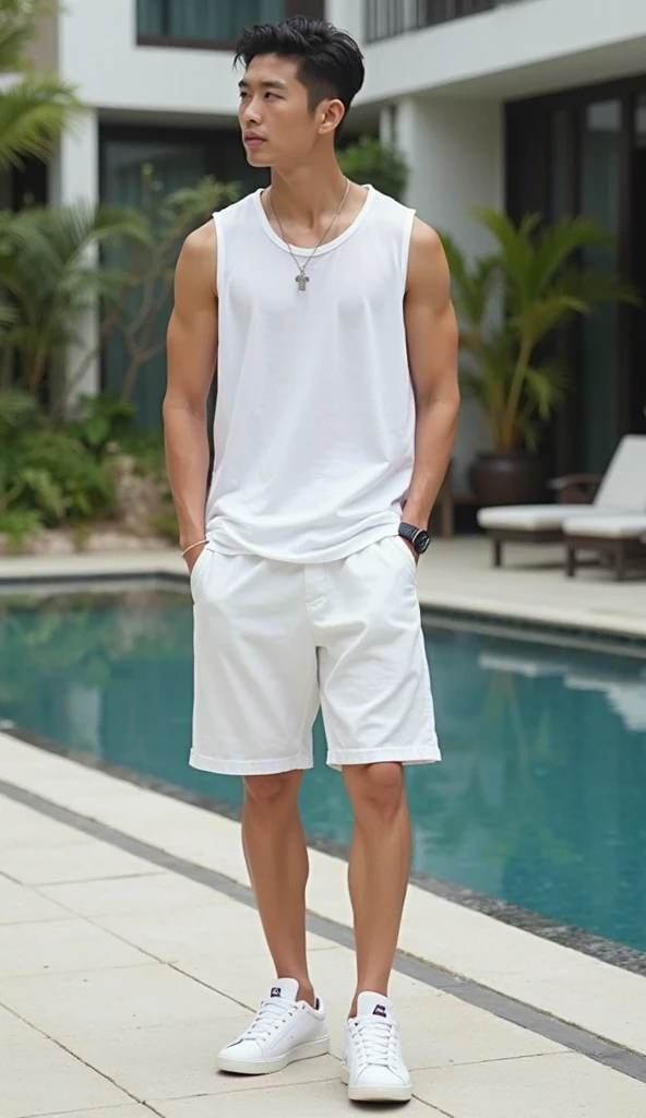 A 16 year old boy on the beach,Naked upper body, Wearing gym shorts, whitestocking, Wear sneakers, stand on sand,Wearing sweat, There are abs, junior school student, Differential crushing cap, rough breath, Black hair, Messy hair, High nasal bridge bones,largeeyes,modern, Eye level shots, hyper HD, Masterpiece, ccurate