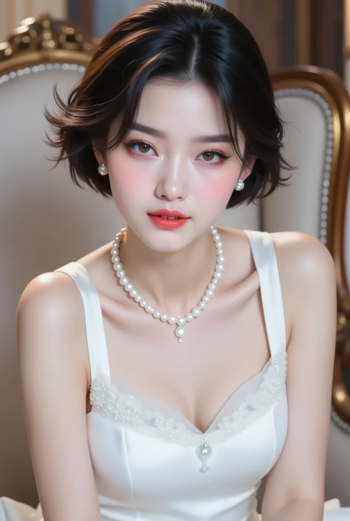 A woman in a white dress sitting on a chair with a Pearl Necklace ...