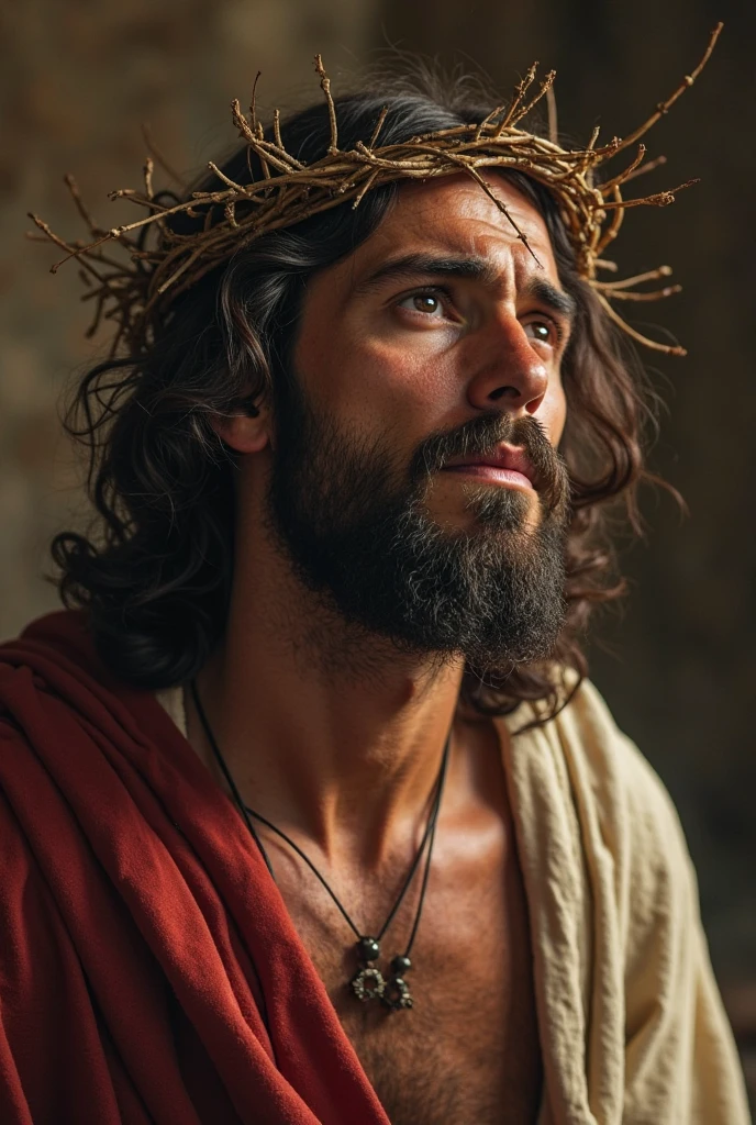 An emotional portrait of Pilate in a solemn setting, with an expression of regret and reflection. The background is a mixture of Roman and religious elements, with a soft light.