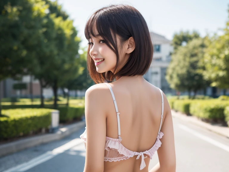 (8k, RAW Photos, Highest quality, masterpiece:1.2), Super detailed, Ultra-high resolution, (Realistic, Photorealistic:1.37) , High-definition RAW color photos, Professional photos, Very delicate and beautiful, Very detailed, 8k wallpaper , (Beautiful and detailed eyes:1.1),(Beautifully detailed face:1.1),Anatomically correct body shape , Fine and beautiful skin,Skin Texture , From side , looking at the camera , Natural Light , 1 person , woman , Japanese , 20-year-old , E cup bust , Slim waist , , Shiny Hair , (Bun Hair , Blonde:1.1) , Shy Smile , sexy Bra Top , ,sexy full back panties , , , Sexy pose , Emphasize the cleavage , erection of nipple , , , Sharp focus , (The background is a real Shibuya street:1.3)