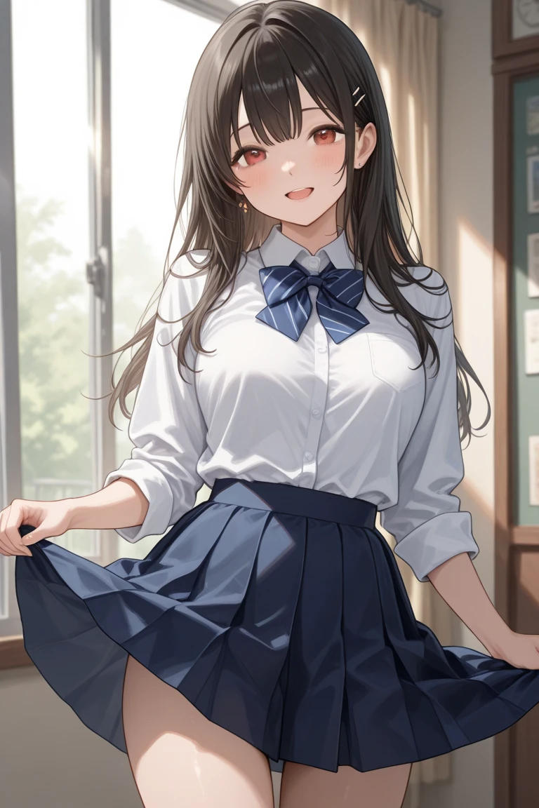 very cute and beautiful girl,(Very detailed美しい顔), (smile),blush,Black Hair,Seraphim,(Pleated navy blue mini skirt),Are standing,(From below),(Lacy white panties), Wooden classroom,window,Distant Tree々and the city, (Highest quality,masterpiece:1.0),Absurd,High resolution,Super detailed,Very detailed,32k,8K resolution, Intricate details,Movie Scenes,Detailed Background,alone,Dynamic Angle,