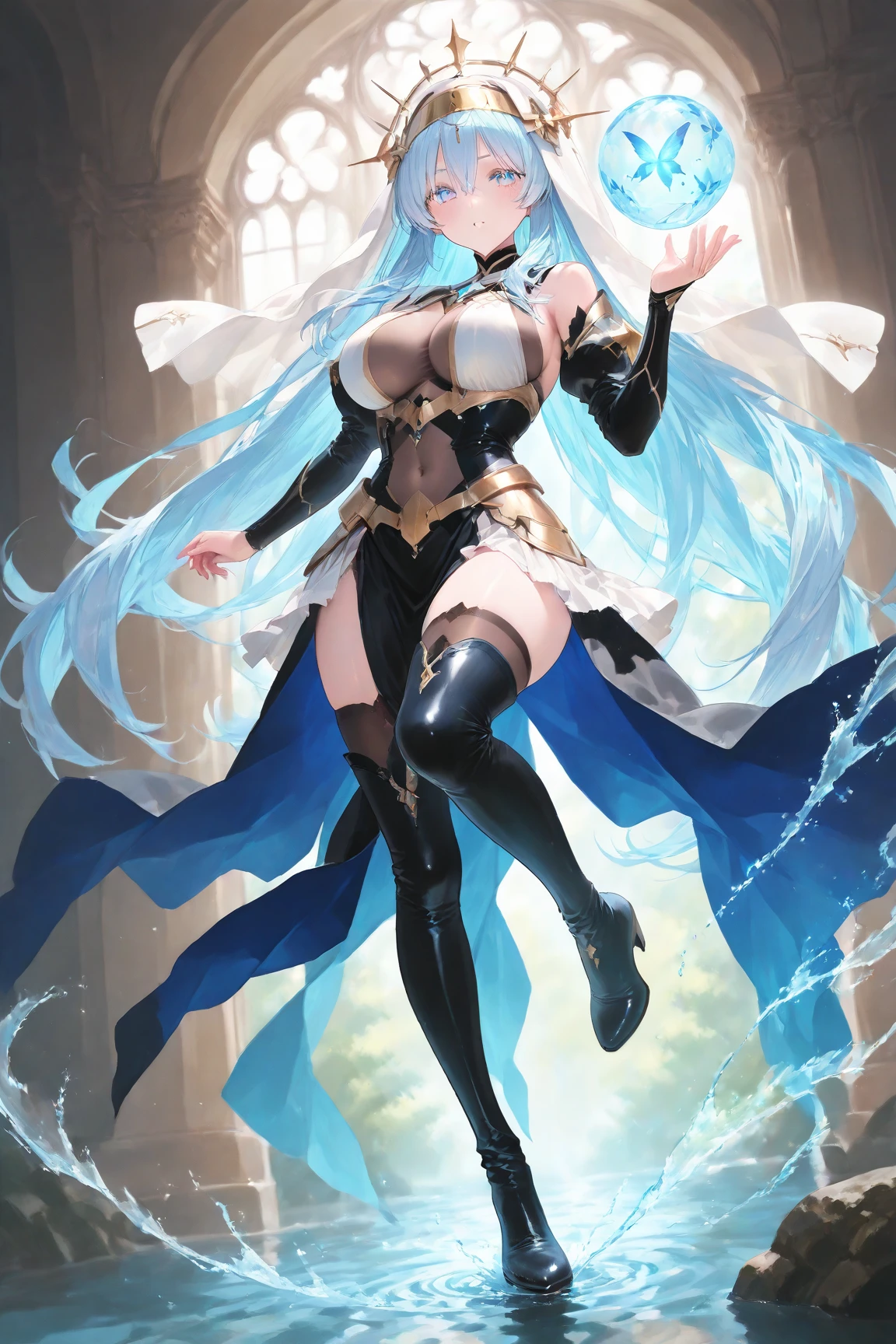 (lightline art), Generate an illustration of a mature Clair, gym leader of pokemon, ponytail, holding a poke all, de terno preto, long hair, hair flows straight down, darkblue hair, (gigantic breasts:1.4), blue outfit in anime format with a serious style, (black cape), blue tights, blue boots, gothic make up, (fishnet stockings:1.2), masterpiece, ((dark lighting)), black background, puffy lips,slendered abs, beautiful face,
