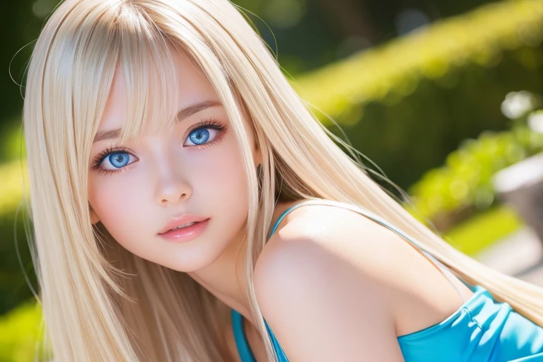 Face focus, Crazy for love,  14 years old , Frilled Summer Dress,  Very beautiful blonde Scandinavian girl,  Overwhelmingly beautiful, Beautiful shiny super long straight blonde silky hair、Blonde bangs over the eyes、Blonde hair over one eye、Blonde hair between the eyes、Has cleavage, Arms behind head,   Low contrast, (Shy and cheerful expression:0.8), Hair Scrunchie,  highest quality, Ultra-high resolution, Realistic photos, Very detailed, 8K, Raw photo, Perfect Anatomy、so beautiful, The Shining, Very bright light blue eyes、Very big eyes、Small Face Beauty