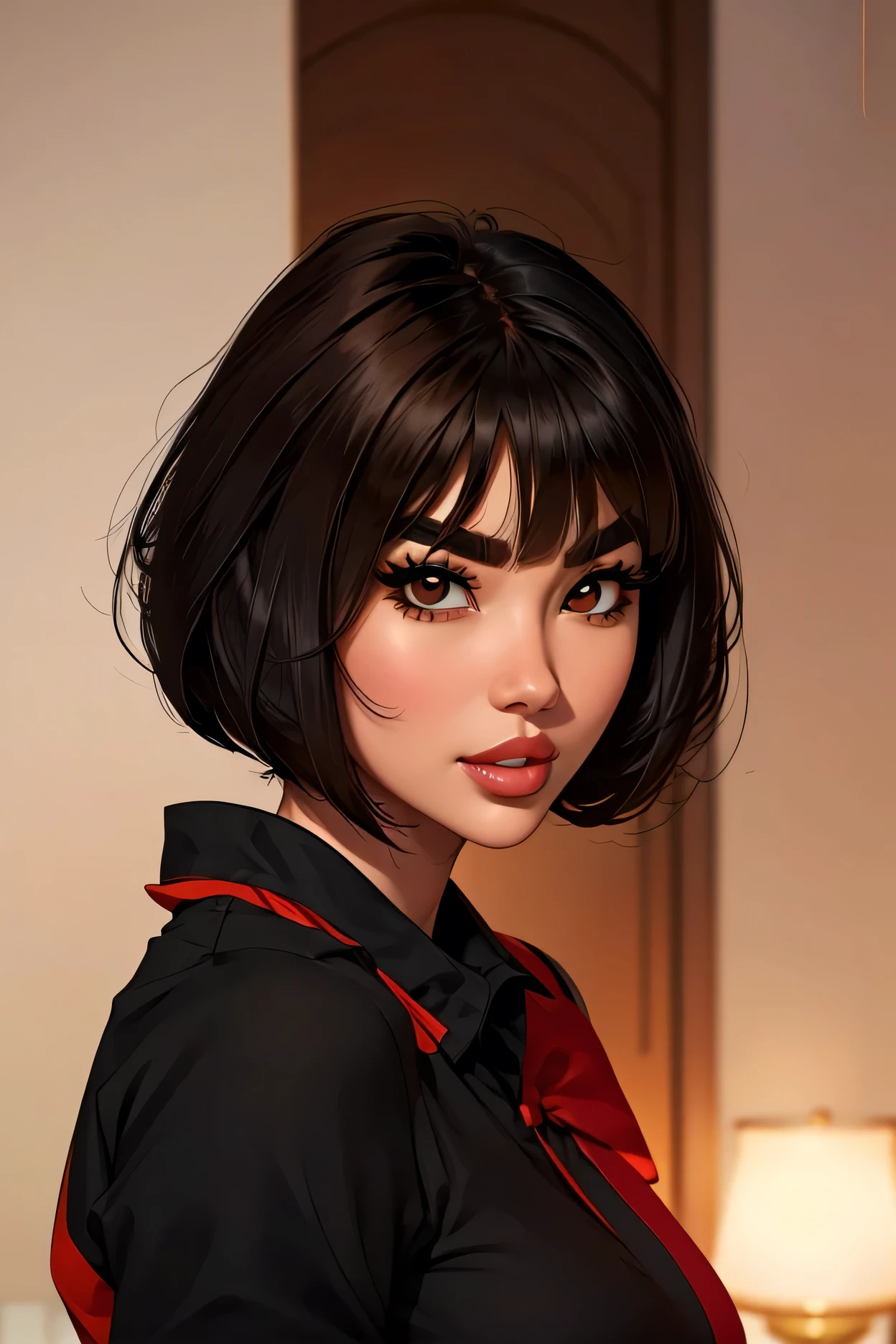 (perfect face), black hair, ((hime haircut)), black eyebrows, (thin eyebrows), brown eyes, black eyeliners, nose, lips, red thick lips, parted lips, (beautiful), medium breasts, shirt, black shirt, (looking at viewer), arms behind back, female asian, asian face