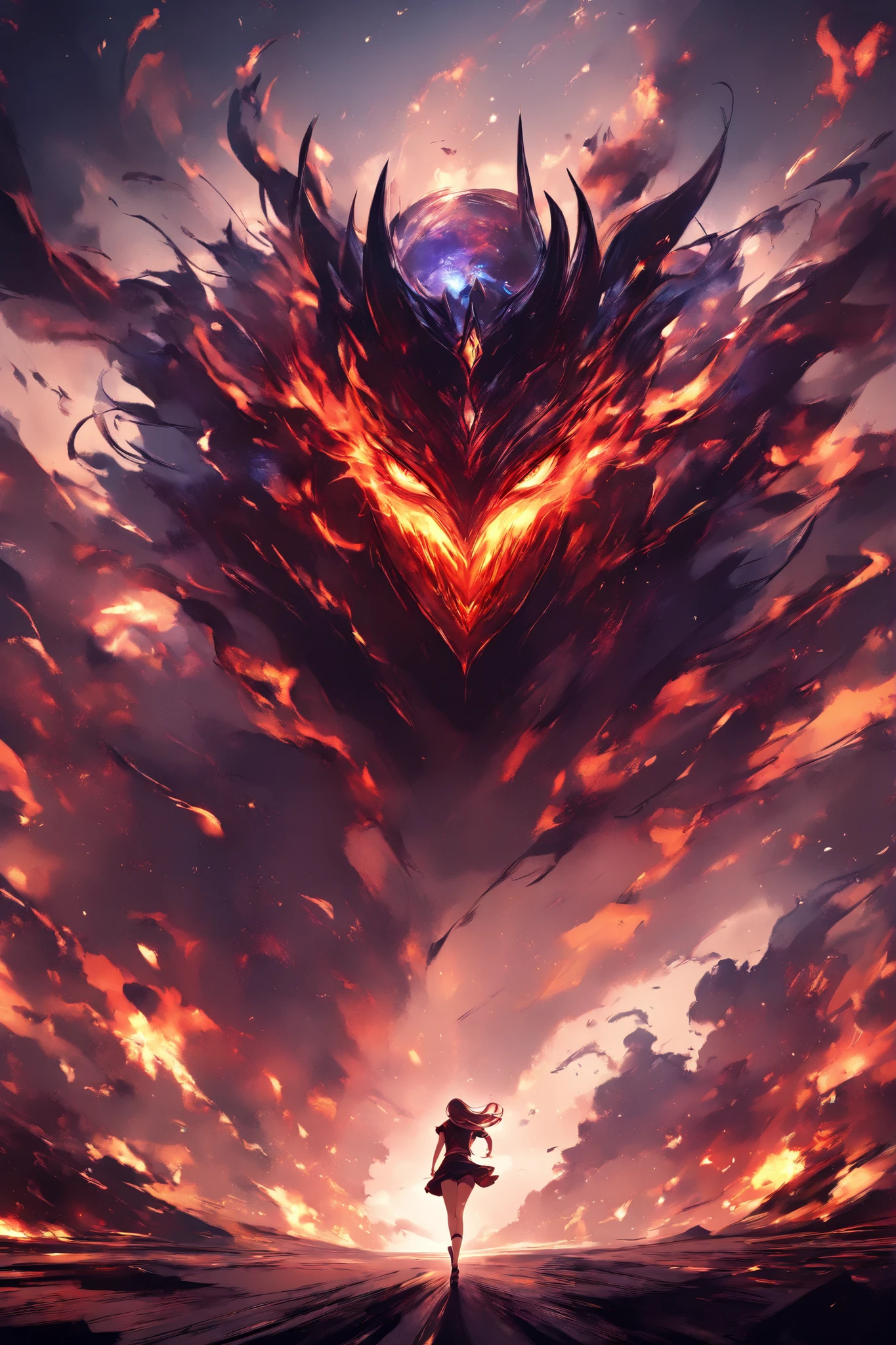 (masterpiece:1.2),(Max Video Quality),(top quality),(breathtaking work),(ridiculously absurd:1.2),pale shade、Girl running in flames、Desperateの顔、Horizontal position、Depiction of running、Desperate、Hessho、Impatience and anxiety_The theme is a long battle