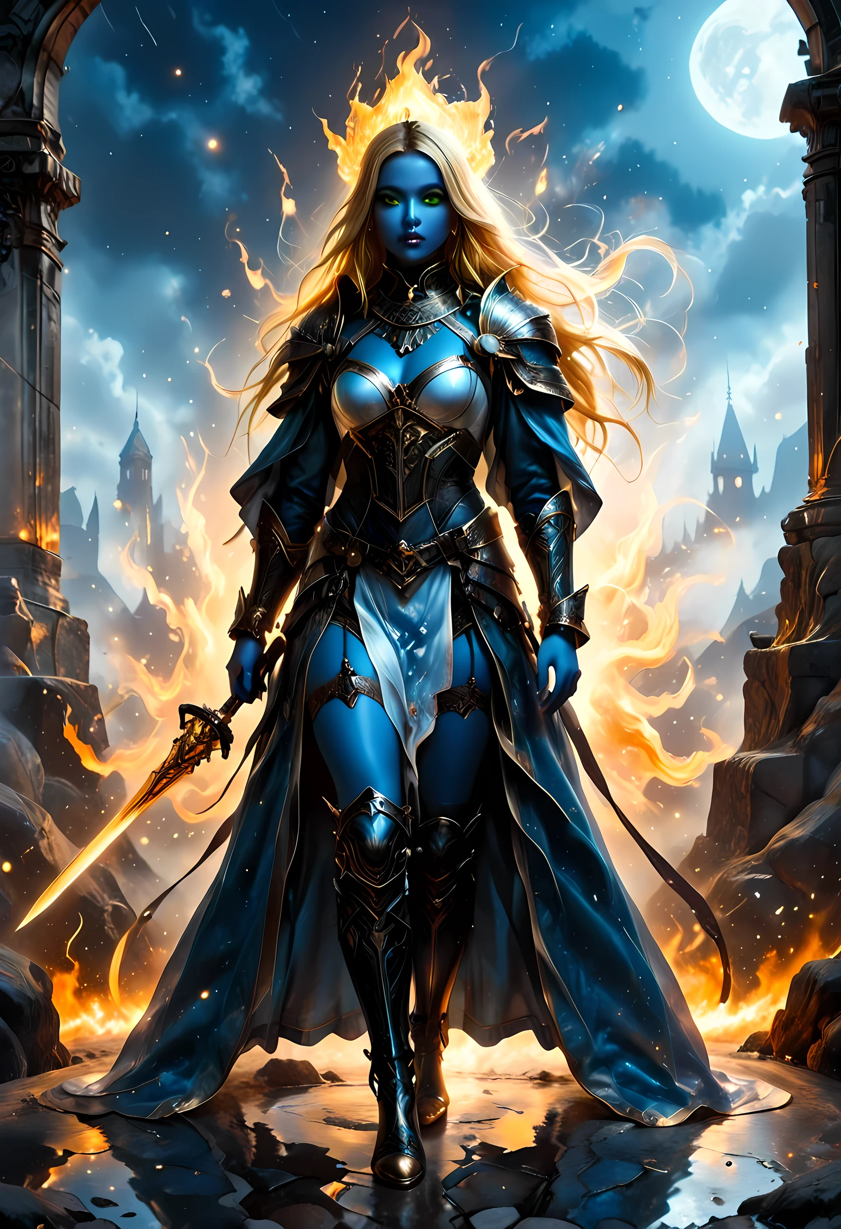 Oil Painting Portraits of a female cleric ((dark blue skin: 1.5)), intense details facial details, exquisite beauty, cleric, (dark blue skin: 1.5)) female, ((yellow hair: 1.5)), long hair, (((no ears: 1.5))), (green eyes: 1.3), armed with a fiery sword red fire, wearing (twilight priestly combat vestments: 1.5), wearing white armor, wearing high heeled laced boots, wearing white armor, wearing an (orange cloak:1.3), wearing glowing holy symbol, fantasy art, dnd art, RPG art, wide shot, (masterpiece: 1.4) intense details, highly detailed, photorealistic, best quality, highres, within fantasy temple background, reflection light, high details, best quality, 16k, [ultra detailed], masterpiece, best quality, (extremely detailed), close up, ultra wide shot, photorealistic, RAW, fantasy art, dnd art, fantasy art, realistic art,((best quality)), ((masterpiece)), (detailed), perfect face, strapless, lace up stilettos, fantasy, FFROA