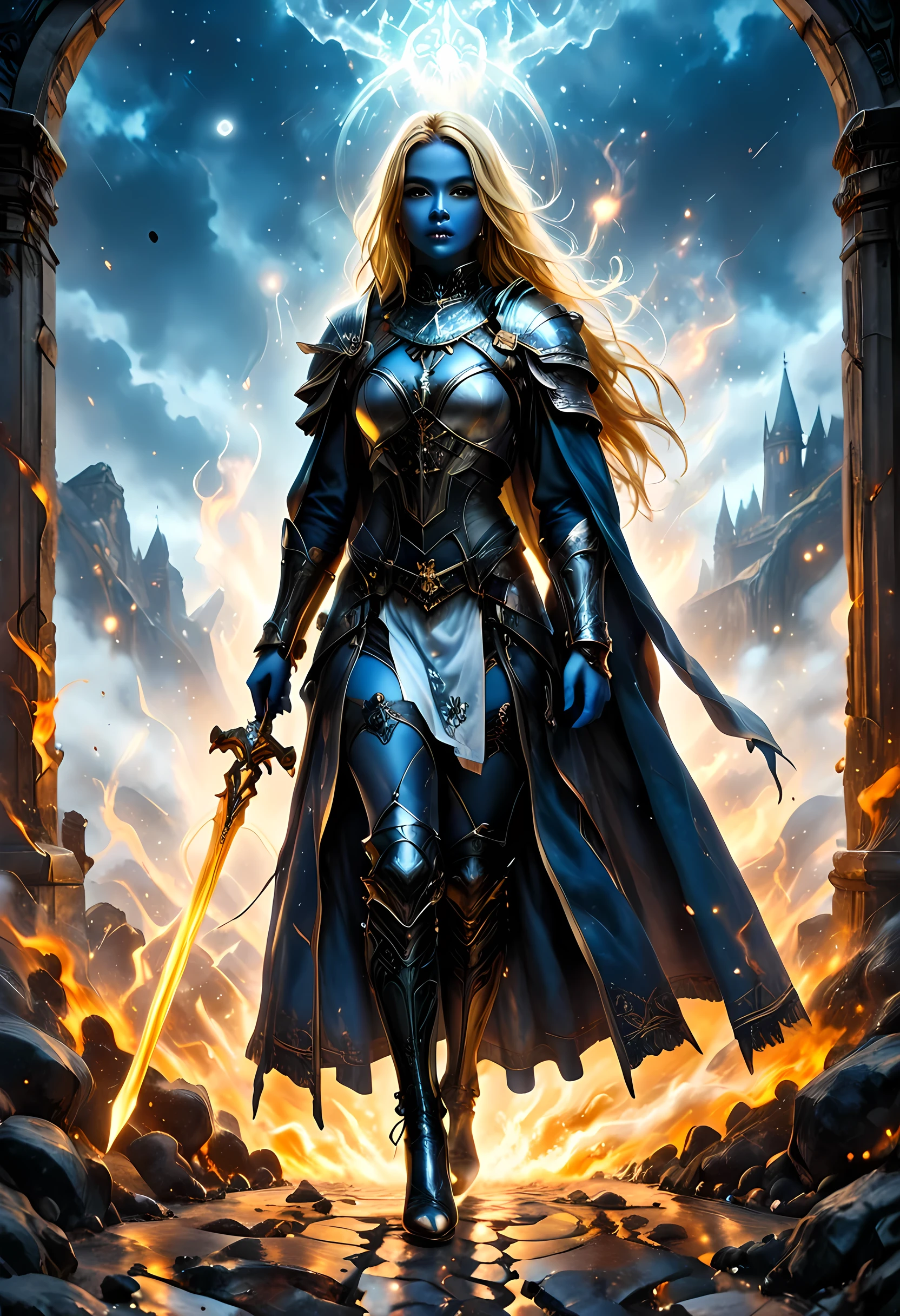 Oil Painting Portraits of a female cleric ((dark blue skin: 1.5)), intense details facial details, exquisite beauty, cleric, (dark blue skin: 1.5)) female, ((yellow hair: 1.5)), long hair, (((no ears: 1.5))), (green eyes: 1.3), armed with a fiery sword red fire, wearing (twilight priestly combat vestments: 1.5), wearing white armor, wearing high heeled laced boots, wearing white armor, wearing an (orange cloak:1.3), wearing glowing holy symbol, fantasy art, dnd art, RPG art, wide shot, (masterpiece: 1.4) intense details, highly detailed, photorealistic, best quality, highres, within fantasy temple background, reflection light, high details, best quality, 16k, [ultra detailed], masterpiece, best quality, (extremely detailed), close up, ultra wide shot, photorealistic, RAW, fantasy art, dnd art, fantasy art, realistic art,((best quality)), ((masterpiece)), (detailed), perfect face, strapless, lace up stilettos, fantasy, FFROA