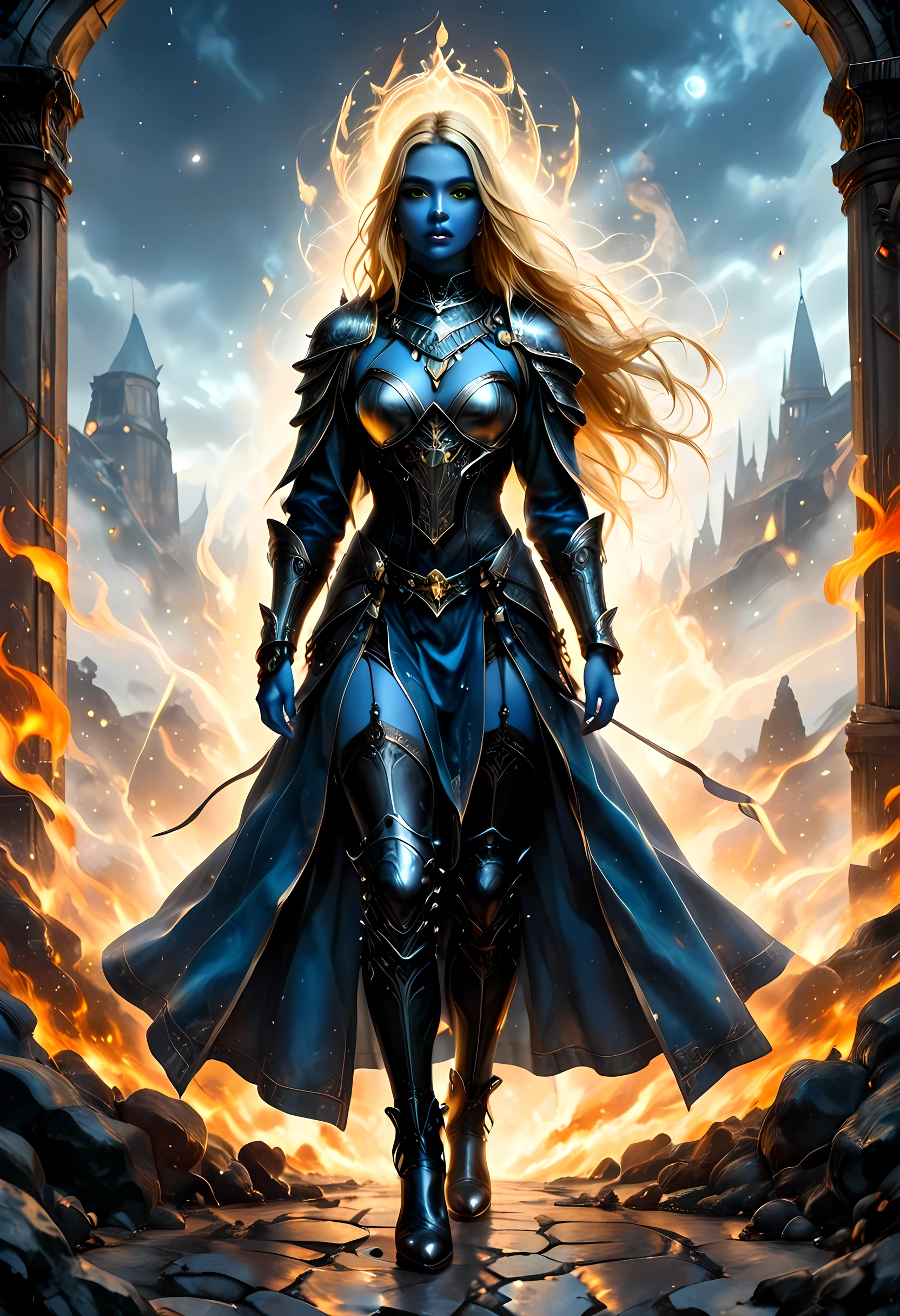 Oil Painting Portraits of a female cleric ((dark blue skin: 1.5)), intense details facial details, exquisite beauty, cleric, (dark blue skin: 1.5)) female, ((yellow hair: 1.5)), long hair, (((no ears: 1.5))), (green eyes: 1.3), armed with a fiery sword red fire, wearing (twilight priestly combat vestments: 1.5), wearing white armor, wearing high heeled laced boots, wearing white armor, wearing an (orange cloak:1.3), wearing glowing holy symbol, fantasy art, dnd art, RPG art, wide shot, (masterpiece: 1.4) intense details, highly detailed, photorealistic, best quality, highres, within fantasy temple background, reflection light, high details, best quality, 16k, [ultra detailed], masterpiece, best quality, (extremely detailed), close up, ultra wide shot, photorealistic, RAW, fantasy art, dnd art, fantasy art, realistic art,((best quality)), ((masterpiece)), (detailed), perfect face, strapless, lace up stilettos, fantasy, FFROA