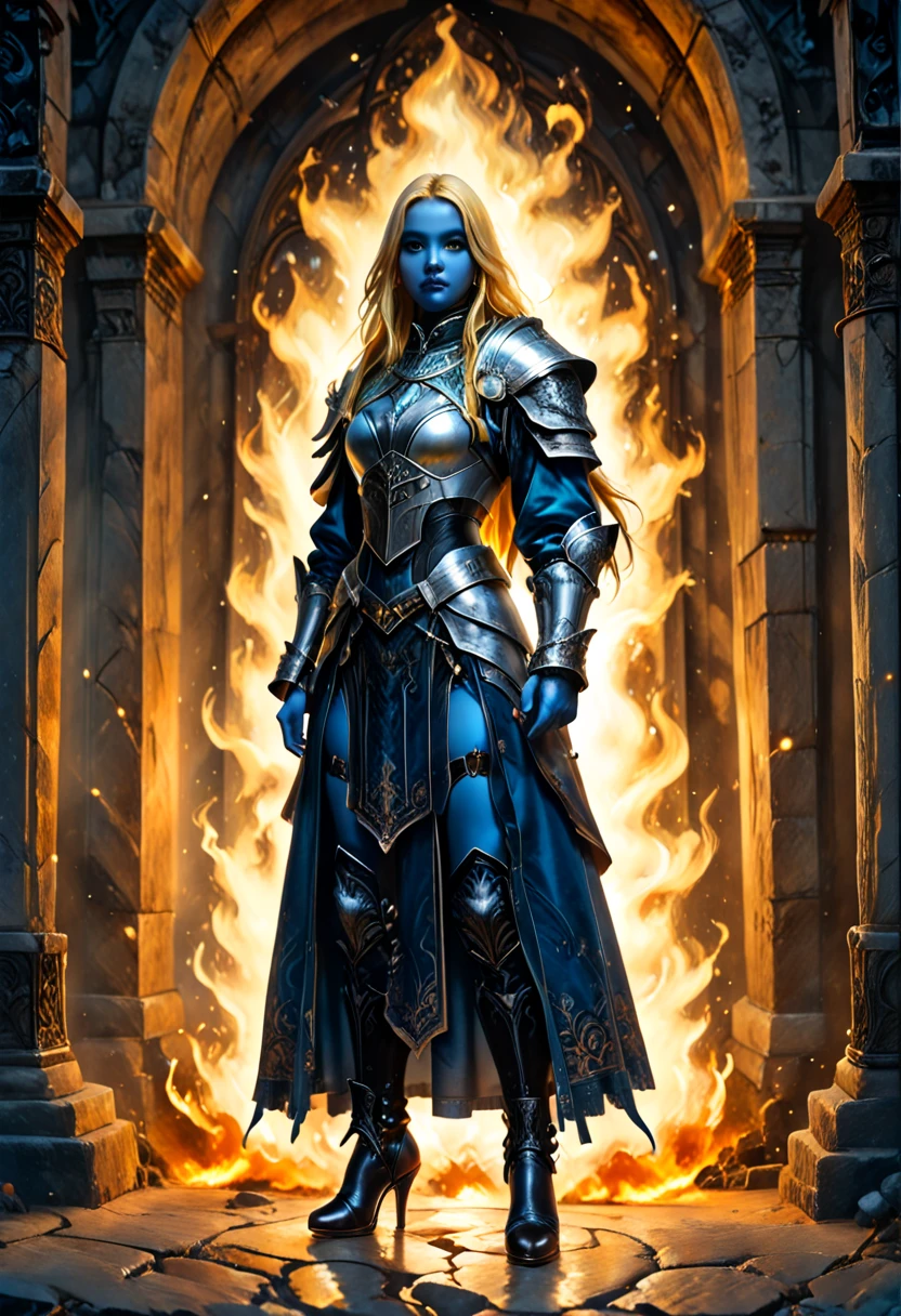 fantasy art, dnd art, RPG art, wide shot, (masterpiece: 1.4) portrait, intense details, highly detailed, photorealistic, best quality, highres, portrait a vedalken female (fantasy art, Masterpiece, best quality: 1.3) ((blue skin: 1.5)), intense details facial details, exquisite beauty, (fantasy art, Masterpiece, best quality) cleric, (blue colored skin: 1.5) 1person blue_skin, blue skinned female, (white hair: 1.3), long hair, intense green eye, fantasy art, Masterpiece, best quality) armed a fiery sword red fire, wearing heavy (white: 1.3) half plate mail armor, wearing high heeled laced boots, wearing an(orange :1.3) cloak, wearing glowing holy symbol GlowingRunes_yellow, within fantasy temple background, reflection light, high details, best quality, 16k, [ultra detailed], masterpiece, best quality, (extremely detailed), close up, ultra wide shot, photorealistic, RAW, fantasy art, dnd art, fantasy art, realistic art,((best quality)), ((masterpiece)), (detailed), perfect face
