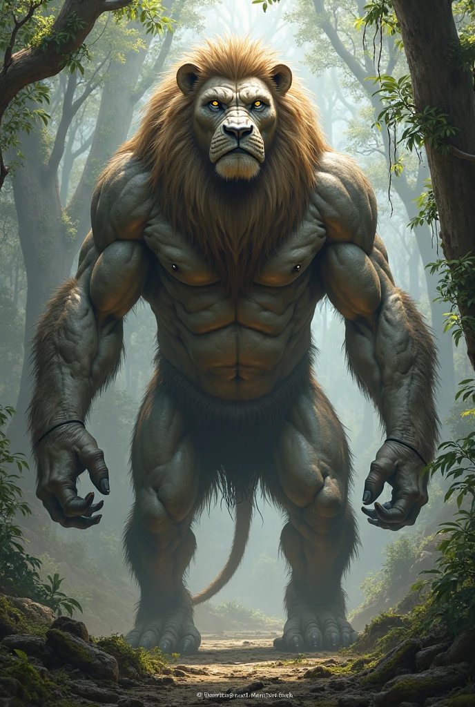 "Craft a monstrous, muscle-bound lion-monkey  fusion with hyper-realistic, rough-textured skin and scales, set against an awe-inspiring, natural background."