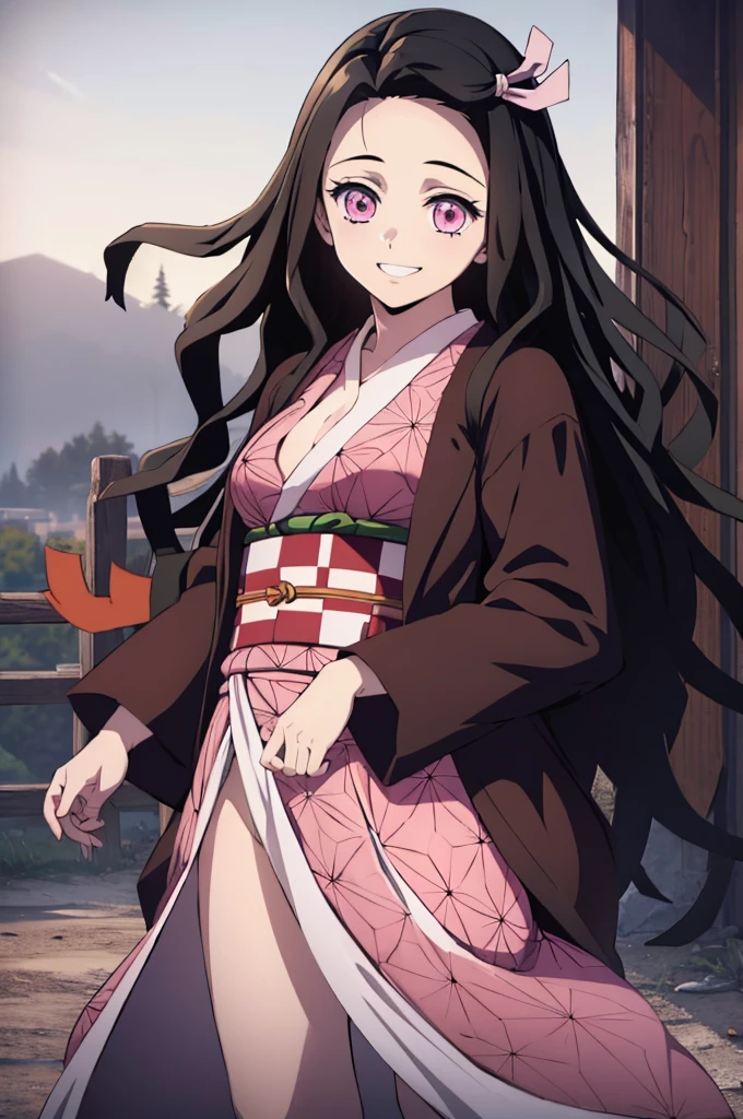 (masterpiece:1.3), (best quality:1.1), (8k, ultra detailed, ultra high res:1.2), ((anime style)), detail perfect 5 fingers, perfect anatomy,
1girl,
Kamado Nezuko,
BREAK long hair, wavy hair, forehead
black hair,
pink eyes,
ribbon,
small breasts,
BREAK japanese clothes, pink kimono, brown haori, obi,
smile, (fellatio), (nsfw),
looking at viewer,
cowboy shot,
BREAK nighttime, (fantastic:1.2),