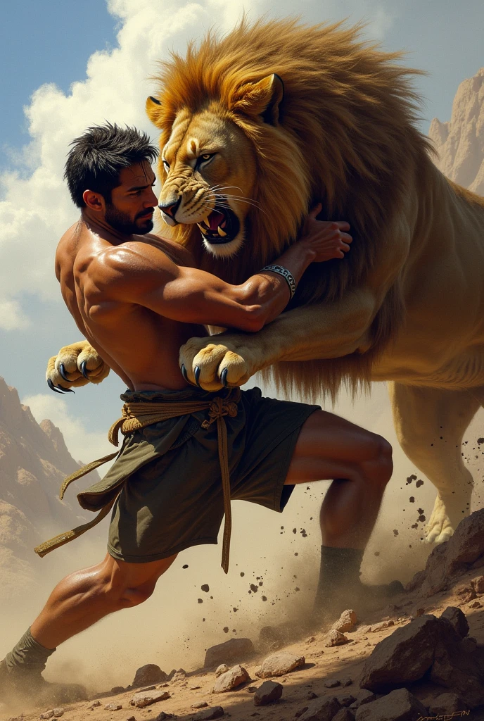 Extremly pale young wild naked man ,killing and eating lion , his mouth is bloody