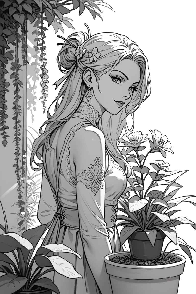 Lady queen swimming flowers background coloring book pages black and white high details