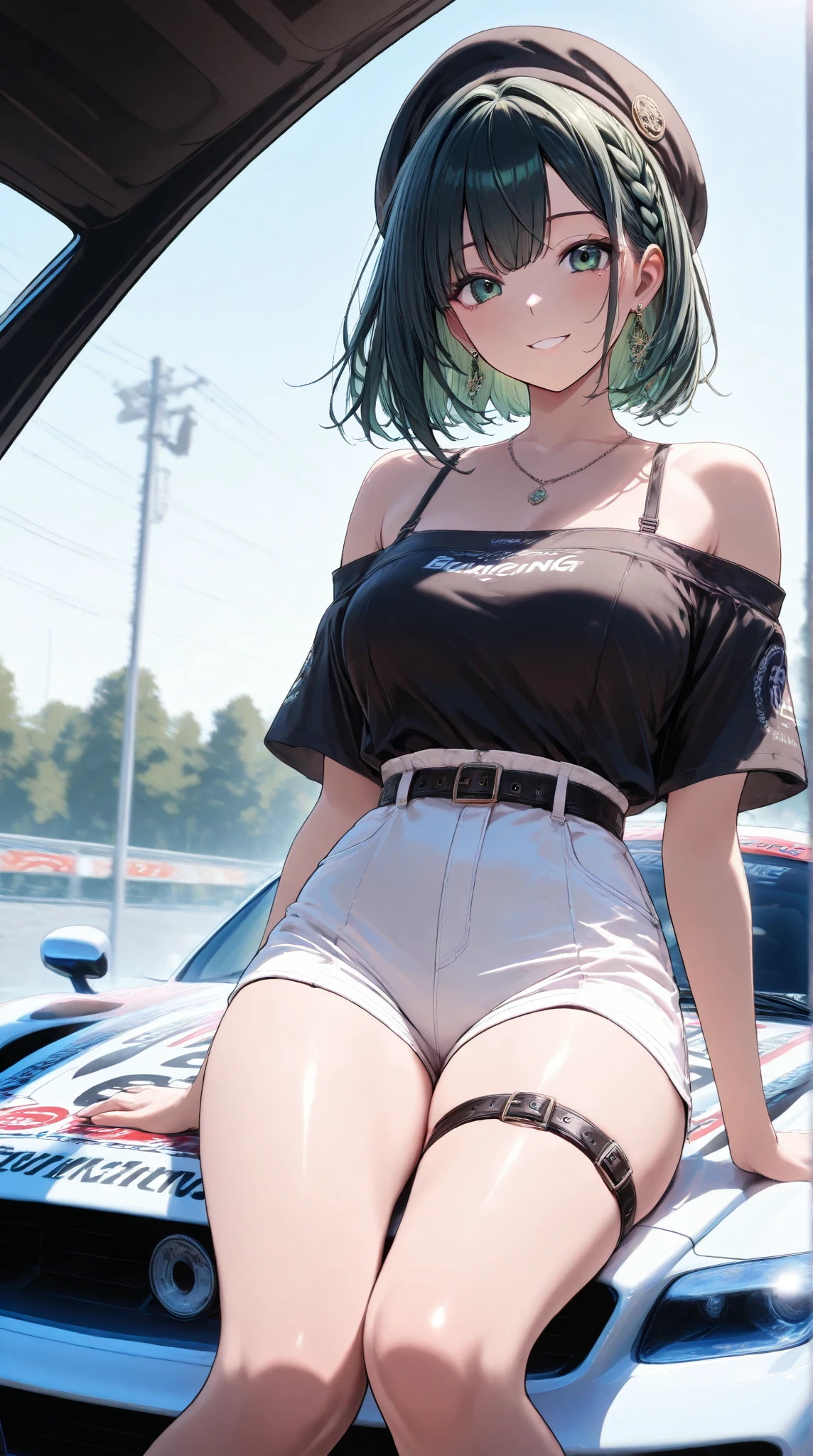 (anime artwork, anime style, studio anime, very detailed, up to date, vibrant, Anime Coloring, high contrast, masterpiece:1.2, best quality, best aesthetics),1 girl,hug from behind, Medium chest, A glimpse of thighs,random hair, One eye is hidden by the bangs, perfect proportions, high detail skin, Cute, detailed faces, precise fingers,curvy,in the car, front passenger's seat