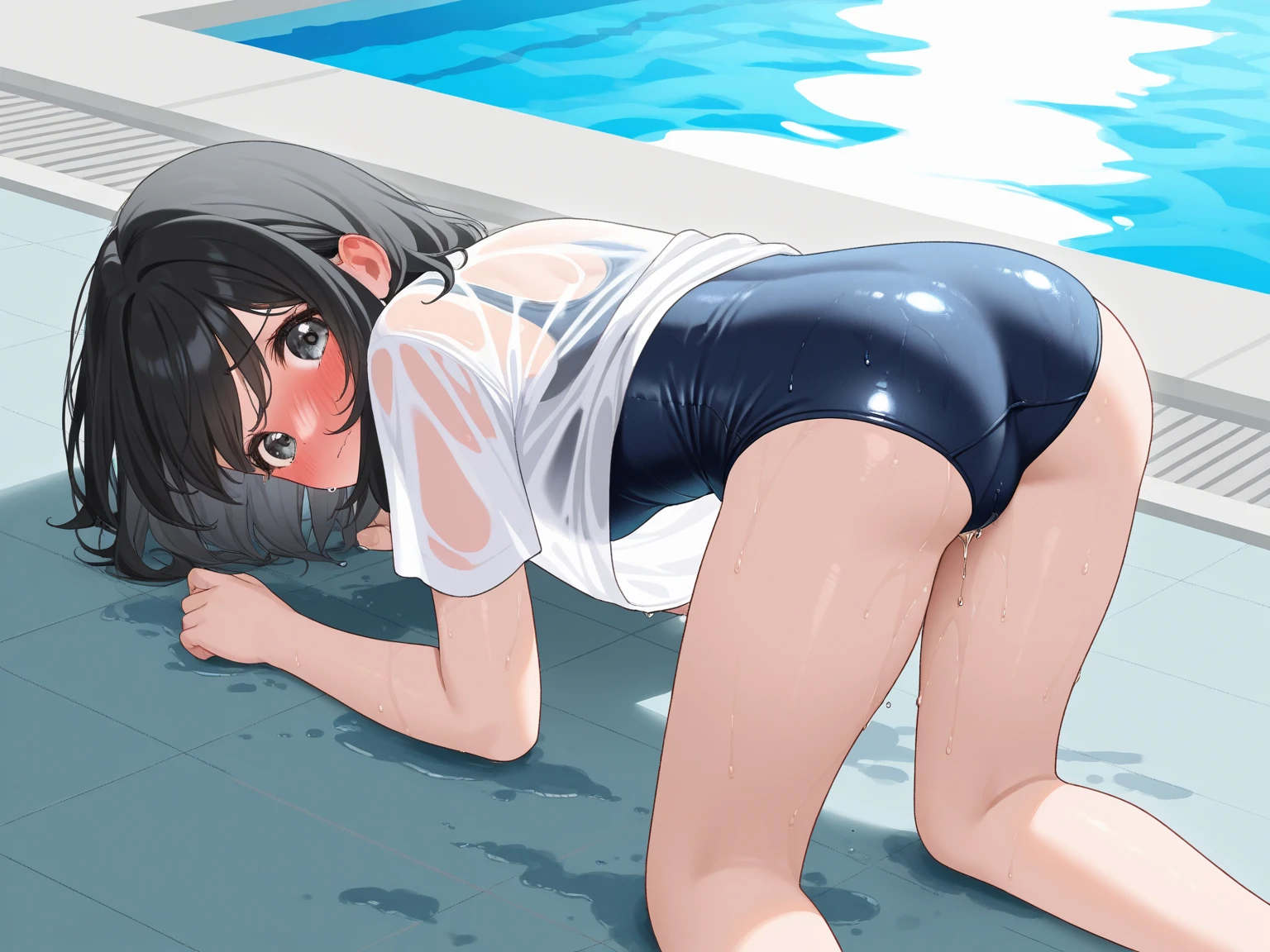 独奏,{{{masterpiece}}}, {{{best quality}}}, {{ultra-detailed}}, {illustration}, {{an extremely delicate and beautiful}},(pull down pantie),,black hair,Are crying,Wet and slimy, Shiny wet skin!!, Enchanting anime girl,steam,blush,Raise eyebrows,blunt bangs,Surprised expression,pussy,upskirt