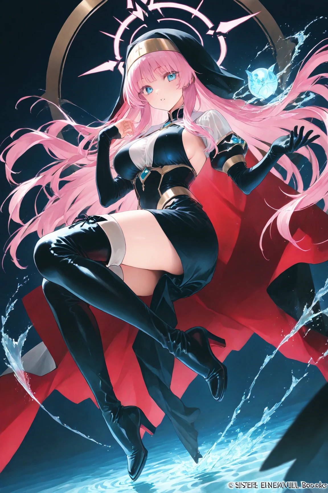tarot illustration of kpop girl with rizz smile face, bad ass, black,neon cyan pink hair, cool dynamic badass pose, smoke background, colorful smoke background, in ((drunna)) style
