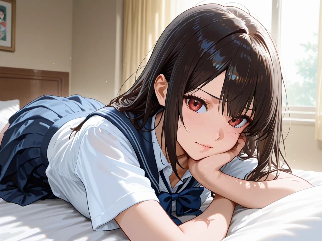 (masuter piece、top-quality、in 8K、32K、masterpiece、nffsw、超A high resolution、Impresionismo、Photorealsitic:1.2)、cowboy shot、foco nítido、detailed faces and eyes、beauitful face、shinny skin、Sharp pupils、Realistic pupils、beauitful face、blurry backround、18 year old beautiful girl、Large bust、shinny skin、sideshot、、side lights、Blunt bangs、braid、Bronze hair、a sailor suit、Dark blue pleated skirt、(in a house、a bed、Prone、I buried my face in the pillow、Right hand under the pillow、Are sleeping:1.3)、(Skirt Roll Up:1.4)、buttock、thighs thighs thighs thighs、Teary-eyed、Troubled face、Open your mouth small、I'm in a hurry、