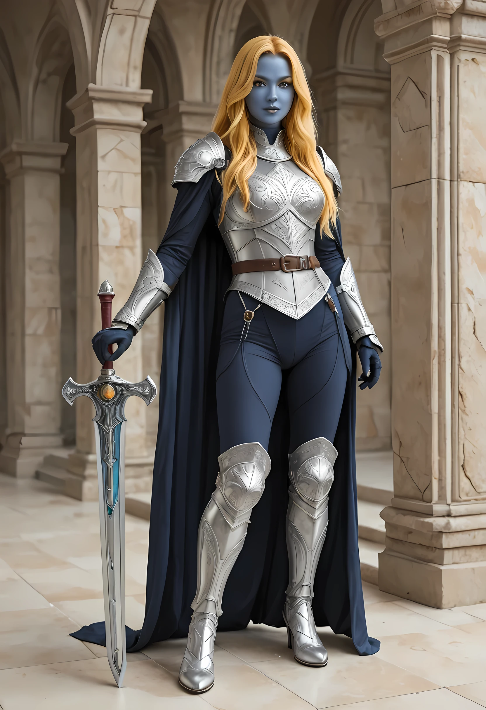portrait of a female cleric ((dark blue skin)), intense details facial details, exquisite beauty, cleric, ((dark blue skin)) female, ((yellow hair)), long hair, (((no ears))), (green eyes)), armed with a fiery sword red fire, wearing (twilight priestly combat vestments), wearing white armor, wearing high heeled laced boots, wearing intricate white pants,  wearing white armor, wearing an (orange cloak:1.3), wearing glowing holy symbol, fantasy art, dnd art, RPG art, wide shot, (masterpiece: 1.4) intense details, highly detailed, photorealistic, best quality, highres, within fantasy temple background, reflection light, high details, best quality, 16k, [ultra detailed], masterpiece, best quality, (extremely detailed), close up, ultra wide shot, photorealistic, RAW, fantasy art, dnd art, fantasy art, realistic art,((best quality: 1.5)), ((masterpiece: 1.5)), (detailed), perfect face, strapless, lace up stilettos, fantasy, Cinematic Shot, dvr-hgh-fnt, d4f4b