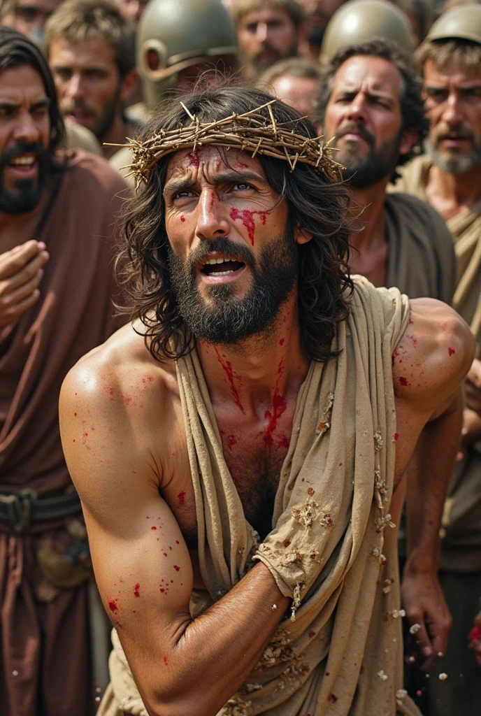 Jesus of Nazareth at the crucifixion, on the mount of olives, with people around, shoulder length hair, with blood coming out of his head, with crown of thorns, with a shining light.