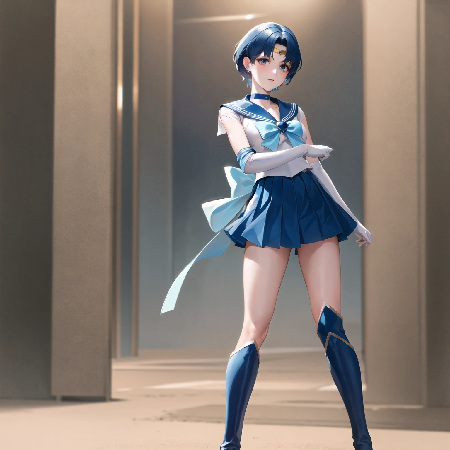 ((Full body):1.5), ((1 woman only):1.2), wearing {((Sailor Moon costume, white with blue parts, extremely tight body):1.2)}, has {extremely giant breasts}, {((she has purple hair, short, mohawk, blue eyes):1.2)}, she is looking at the viewer, {look of pure pleasure, expression of pure pleasure, {she is leaning against a lamppost, doing erotic poses for the viewer}, {Background: very fancy yacht ((full of people with different ethnicities and clothes):1.2)}, 16k, high quality, high detail, UHD