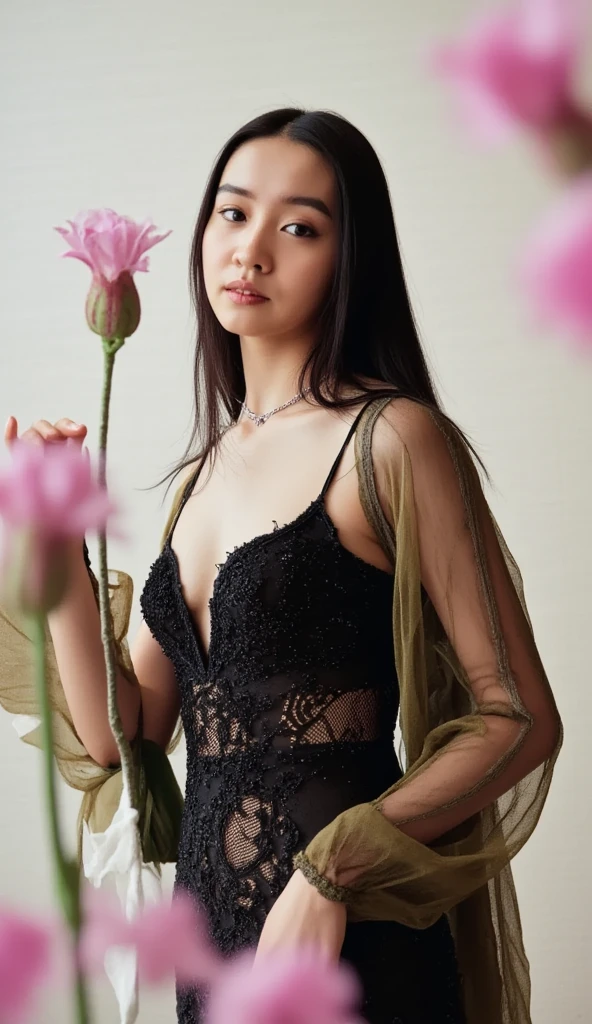 Woman posing for a photo in front of plants, lace body stocking, firminig baes, party kei, light pink and black, natalia drepina, firmin baes