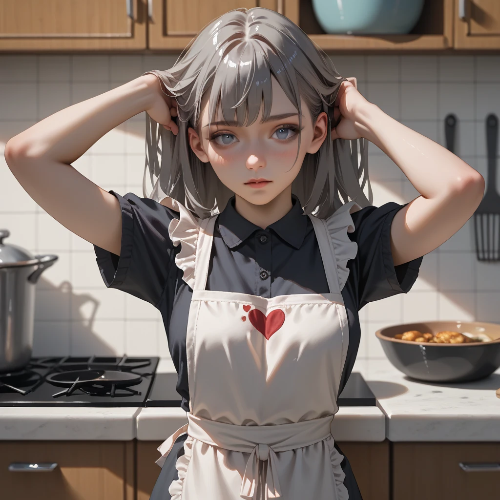 ((long hair, silver hair:1.8, while tying my hair:1.6)), (shining purple eyes)beautiful, beautiful woman, perfect anatomy, perfect body, perfect breasts, ((ruffle apron:1.95, choker)), (kitchen:1.6), (kitchenに手をついたバックStyle:1.65), ((Look at the viewer while blushing:1.6)), slight smile, realism, masterpiece, rough skin , Super detailed, high detail, high quality, 最high quality, 1080p, 16k