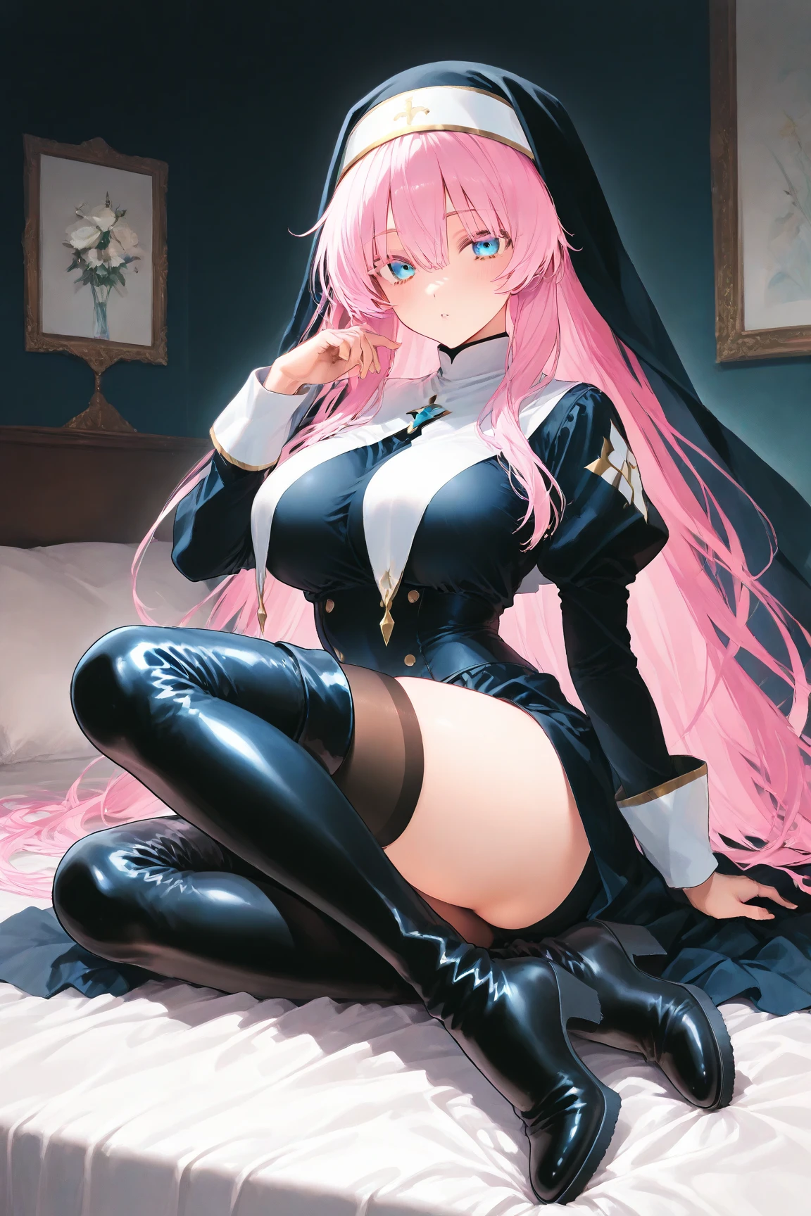 Ingrid(魔界騎士Ingrid)、Brown Skin、Pink Hair、Long Hair、Super huge breasts、、Nurse uniform、mini skirt、Pussy、clitoris、pubic hair、濡れたPussy、See-through、Masturbation、Squirting、Butt thrusting、Dive、Prone、Hospital room