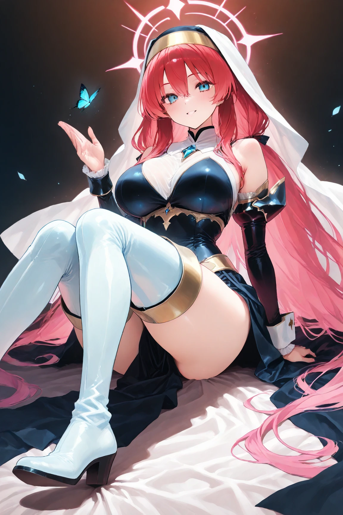 (masterpiece:1.6,best quality),(Eyes are thin and beautiful:1.2),(top of head),high quality,pretty face,huge,wide hips,convex, Plump and Mature woman,long pink hair,purple eyes, frontal photography, masterpiece, ((The background is blank: 1.3)), Front main light source,Mature, Performance, ,perfect anatomy,((White skin)),lie on the floor,bottom up photography,black body stockings : 1.3, (red cheongsam:1.2)