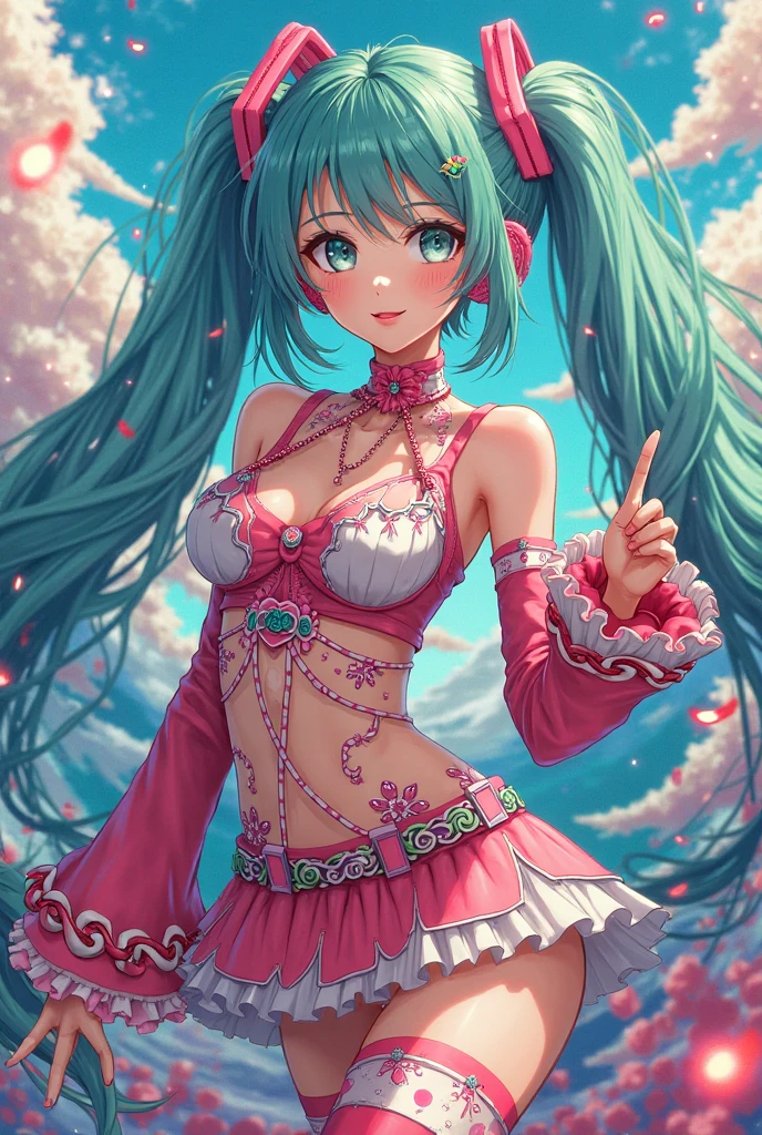 (( Pink teal blue hair color)), pink eyes,sexy woman, cat ears, hearts, floating hearts, face only, long hair, smiling, hair ornament, up close face, closed mouth smile, up closeface, hair bows, sexy body