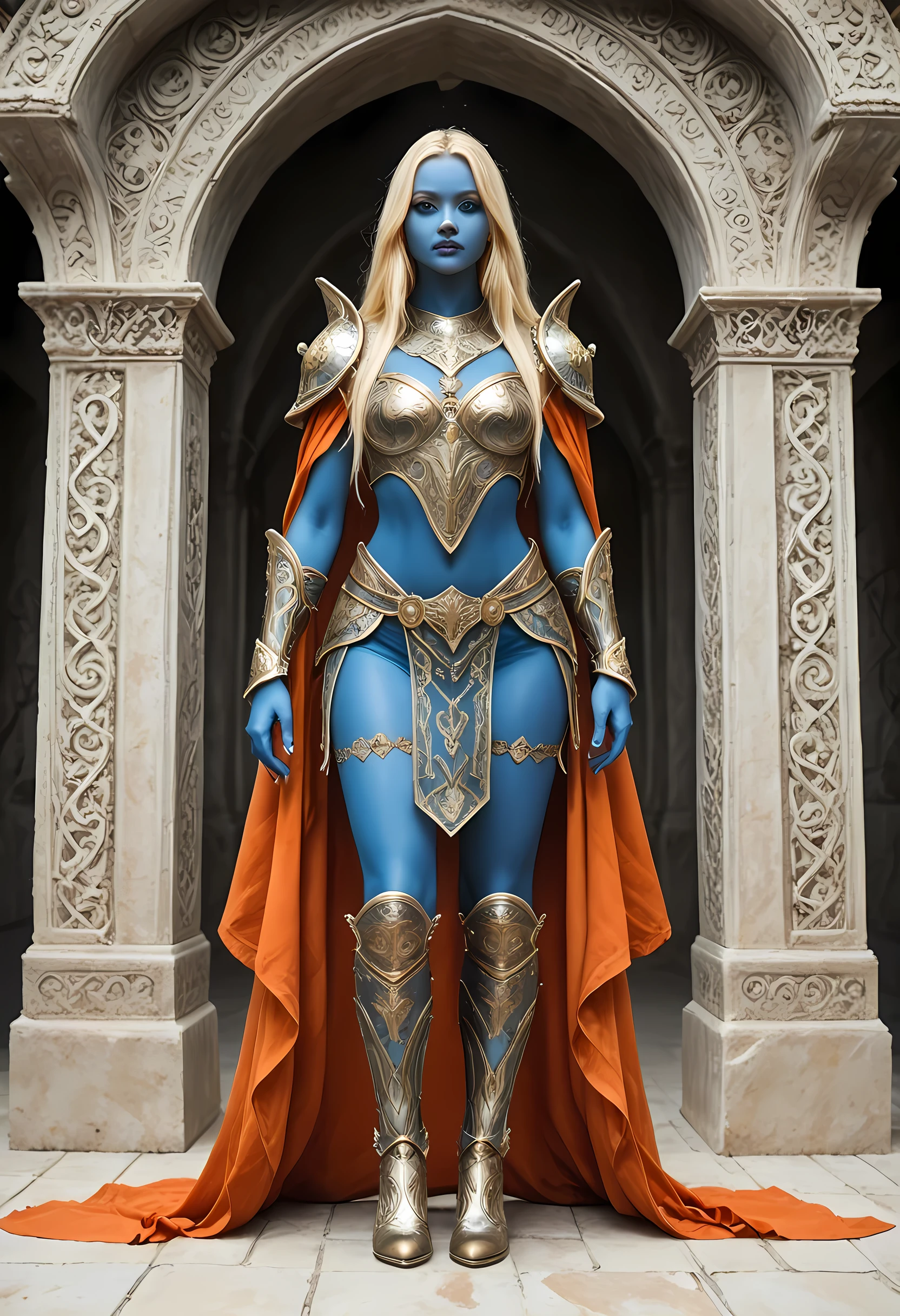 portrait of a female cleric ((dark blue skin)), intense details facial details, exquisite beauty, cleric, ((dark blue skin)) female, ((yellow hair)), long hair, (((no ears))), (green eyes)), armed with a fiery sword red fire, wearing (twilight priestly combat vestments), wearing white armor, wearing high heeled laced boots, wearing white armor, wearing an (orange cloak:1.3), wearing glowing holy symbol, fantasy art, dnd art, RPG art, wide shot, (masterpiece: 1.4) intense details, highly detailed, photorealistic, best quality, highres, within fantasy temple background, reflection light, high details, best quality, 16k, [ultra detailed], masterpiece, best quality, (extremely detailed), close up, ultra wide shot, photorealistic, RAW, fantasy art, dnd art, fantasy art, realistic art,((best quality: 1.5)), ((masterpiece: 1.5)), (detailed), perfect face, strapless, lace up stilettos, fantasy, Fantasy background