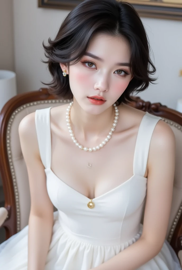 There is a woman wearing a Chinese dress, 27 years old, 28 years old, 29-year-old, 32 years old, Delicate makeup, Ye Wen, 23 years old, Round face, Cute Liane, Gold Tiara, Pearl Necklace, Jade hairpin