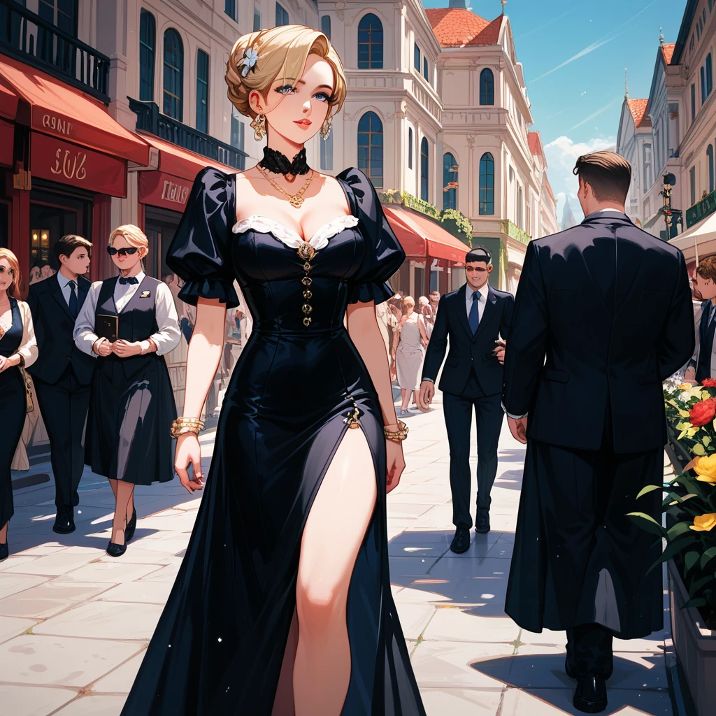 A woman wearing a corset dress and a crowd of people々Close up of, Edwards&#39; poster art, Gold and copper armor, Mecha, 1970s, A face like Ester Exposito, 191970s 女性 生存, Keyframes, Dollpunk, Around his chest was a gold belt, Barbarella, Metal, Mechaanical, Mechaanical superstructure  