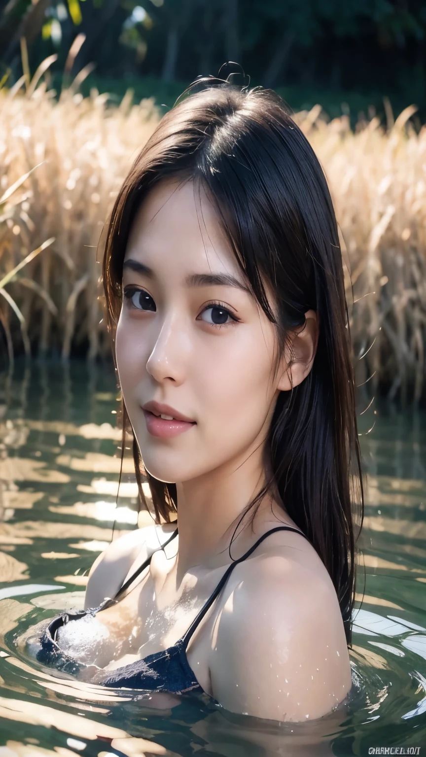 Top quality, delicate details, very detailed eyes and face, ((night))), (open-air rock bath), (white cloudy water), 2myanmar beautiful student girl, sweat, ponytail, upbeat cheeks, no makeup, upper eyes, strapless, lighting on figure, (((((background so nice))))without shirt, full body beautyful pusy