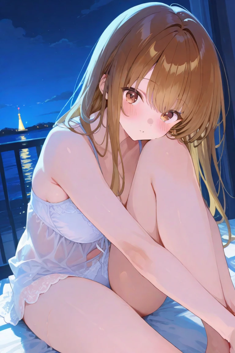 masutepiece,Best Quality,High resolution,Fine details,独奏,Adult Woman,blush,Curve,((Delicate white underwear)),(On a luxury hotel bed),sexy hips、Long Wave Hair、dark brown hair、Stretch the hem of the buttocks with a slouch、Mid-chest、blue eyeasterpiece、Highest quality, High resolution, uhd, Pixel perfect, Depth of written boundary, 4K, RTX, HDR)), 1 Girl, single, alone, 24-years-old, Beautiful Anime Girls, Beautiful art style, anime character, ((Parted bangs, Brown Hair)), (blue eyes、Round eyes, Beautiful eyelashes, Realistic eyes), (Detailed face:1.2), (Smooth texture:0.75, Realistic texture:0.65, Realistic:1.2, Cinematic, Anime CG Style), Perfect body, Best Bust、Bust 85、Perfect Body、nsfw:1.8,Visible from the thighs、Night Background、Beautiful white panties、Bamboo、wind chimes、Put your hands on the window、milky way、Seen from behind、Bra shoulder straps