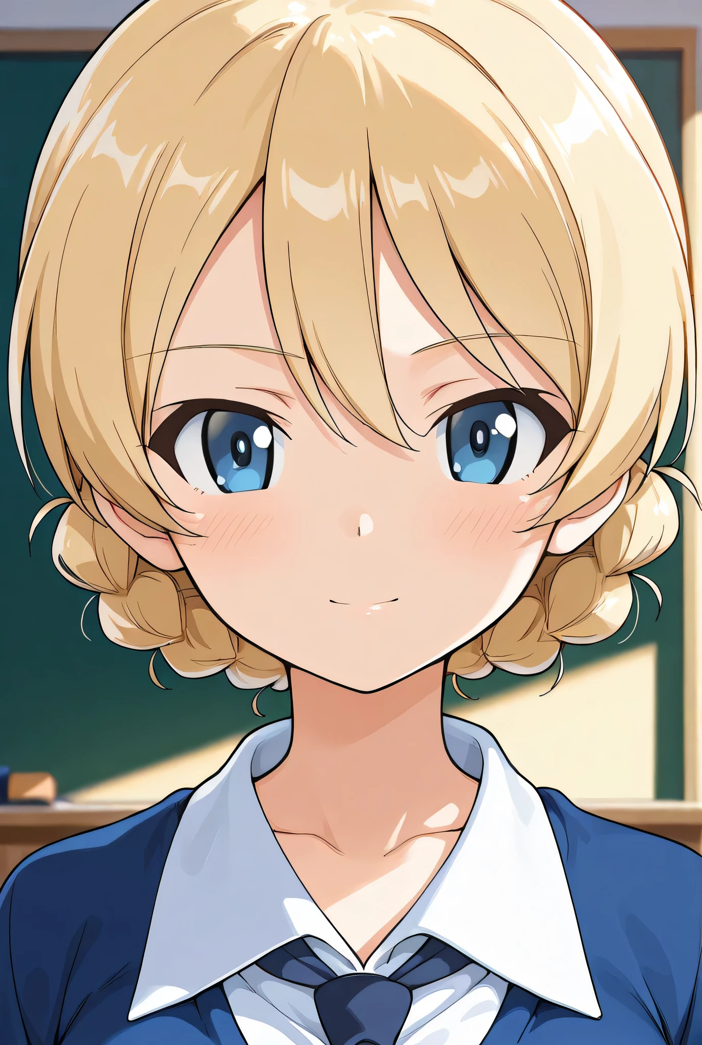 darjeeling \(girls und panzer\),st. gloriana's school uniform,classroom,face focus,front view,looking at viewer,