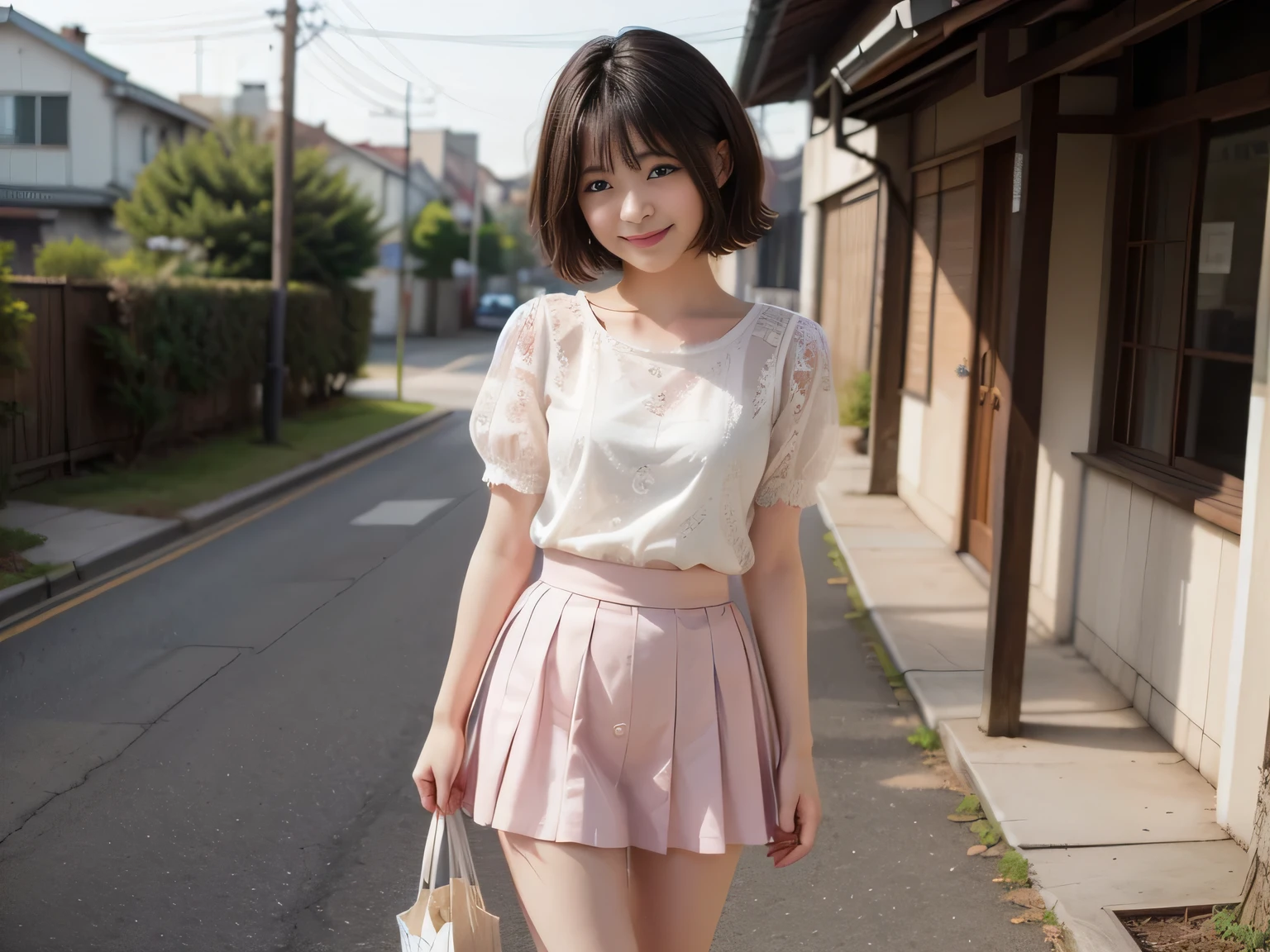 8K,Masterpiece,Japanese,age girl,12 y),Short height,Girl,Front view,innocent face,calm eyes,baby face,fine face,baby face(2.0),thin eyebrows,downcast eyes,baby skin,slender,no eyelashes,small nose(0. 7),slender,tiny,thin legs Wearing tank top, check miniskirt, white panties, (carrying red school bag with enamel), white panties, ((smiling, laughing, smiling)), looking away, ((blushing)),