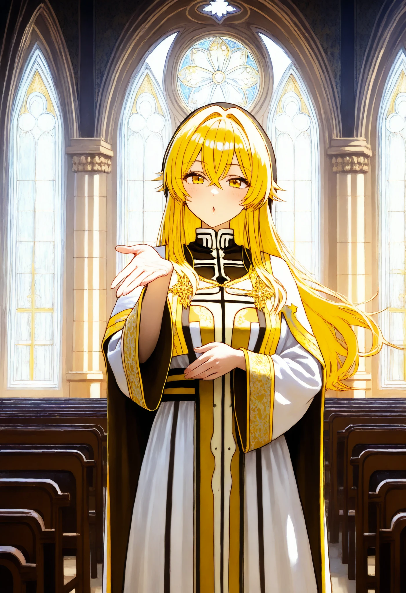 Blowing a kiss with her right hand, making a V sign with her left hand on cheek, The Church, the Saint. An appeal to the faithful, White robe with gold embroidery, Yellow Hair