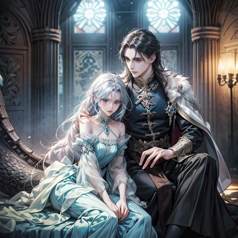 name: "Unity in Darkness"
material: oil on canvas Size: 80x120 cm Idea: This portrait depicts two dark lords, ruling their kingdoms together. Woman, Mistress of Darkness, sits on his throne, her silver hair falls in dark waves, and blue eyes sparkle with cold fire. Her husband is standing next to her, also domineering and powerful, with black hair and deep, intense eyes. Both are dressed in luxurious, dark clothes, decorated with precious stones and symbols of power. They look at each other with mutual respect and commanding awe, ready to support and protect each other in all trials. The background is made in mystical dark colors, emphasizing their power and influence.