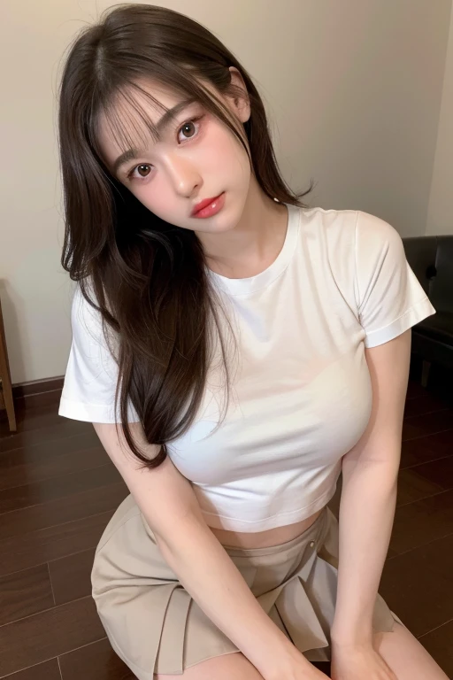 (Best quality, 8K, masutepiece, Ultra HD: 1.3), 1girl in, Big Mimi ,Light brown hair, Blunt bangs, hair behind ear, hair over shoulders, Long hair, Slender body type, ultradetail face, Delicate lips, Beautiful eyes, Double eyelids, lipsticks, thin blush ,Black eyes ,perfect glossy shiny skins,Flawless skin White skin of the ,Sparkling sweat,Catch your eye, chest,Ultra-thin pointer, Ultra-thin fingers, Shirt with collar, Tight skirts , beautifullegs ,Low heels. outside of house、Halfway through the appointment