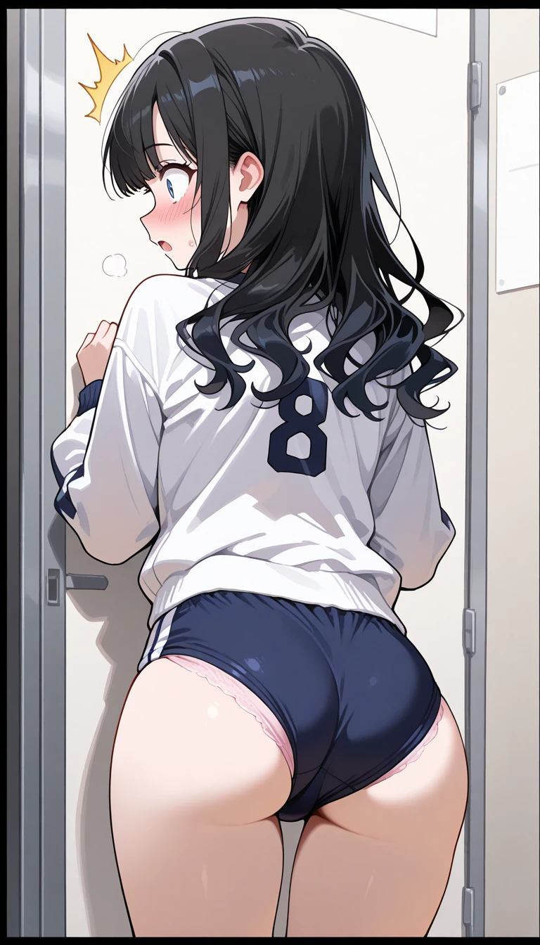 2 Asian girls, anime girls, both farting together side by side, desperate to poop, farting while standing, farting in public changing room, wearing volleyball shirt and underwear no bottoms, stomach bloated, hands hugging stomach, pained expression, shocked and embarrassed, mouth open in shock, sweating, blushing, beautiful and cute face, anime art style, fit body, tall and thin, view from side, legs spread, 2 girls, duo, 2 girls farting facing each other