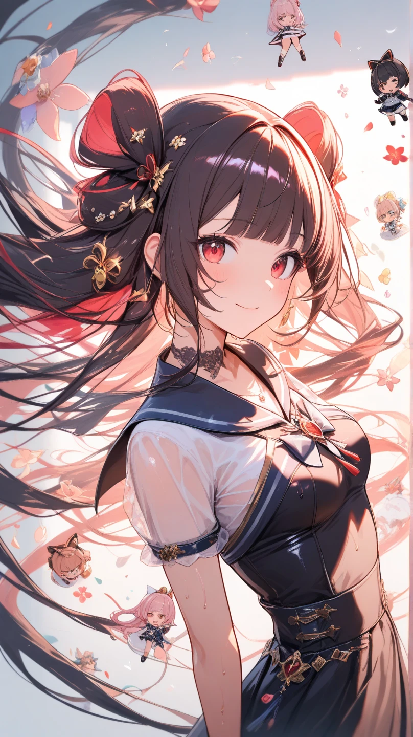 anime, (small short figure girl, cute girl like a little sister aura:1.3), (leaning to viewer for a kiss:1.5), (detached sleeve, Married, Japanese bride, Wedding, wedding hakama skirt, yamato nadeshiko, 1girl, solo, outdoor, cute japanese model girl, very long hair, floral print, wedding hair ornament, wedding kimono, hakama, bangs, detailed long black hair, deep red rubby eyes:1.4), (masterpiece, best quality, HD Pictures, 4K:1.3), gentle look, gentle smile, gentle eyes, mature looking, pinkish cheeks, very detailed eyes, very detailed pupils, very detailed hair, furisode, flower head accessories, from front pov, detailed face, full body, look up to viewer, close up to forehead, (deep cleavage, blushing red cheeks, hands opened and lean to viewer, open arms welcoming hug:1.4)