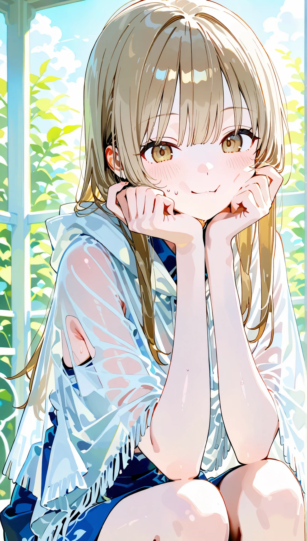 completed anatomy, 20 year old cute girl、very white skinned girl、cute face、light brown eyes showing armpit sweats、brown hair、long straight hair 、bothered expression、Cheek resting on hand、オーバーサイズの white poncho、(((see-through poncho、erotism、 white poncho)))、Western-style garden、sit in the gazebo