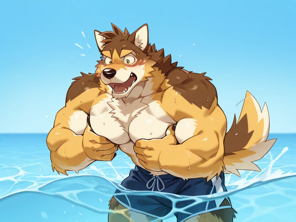 leo alvarez, muscular, bara, wolf tail, tail, (posing:1.3), (soft shading), 4k, hi res, five fingers, detailed hands, ((detailed face, (detailed eyes:1.0), detailed)), by zackarry911, by zaush, (by personalami:0.5), solo, looking at viewer, smile, 1boy, male focus, thighs, from behind, feet out of frame, back, thick thighs, red thong, no shirt, beer belly, big belly, waterpark background, facing towards viewer, water slides background, big bulge, sweating, wet from water