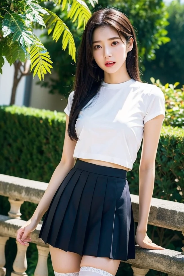 ((best qualtiy, 8K, tmasterpiece:1.3)),Focus:1.2, female high-school student,wooden cabin,(A look of determination)(adolable),delicated face,Long hair waist-length,long hair flowing,Tilt your head,ssmile,Hair details,Delicate Full Body Portrayal,Delicate depiction of the face,Best picture quality,A high resolution,细致背景,Delicate portrayal,exquisitedetails,Rich in detail,Facial strengthening,(Black crop top with crop top,short skirt),with blue sky and white clouds,Sitting Among the Flowers,wooden cabin,There are no bags under the eyes