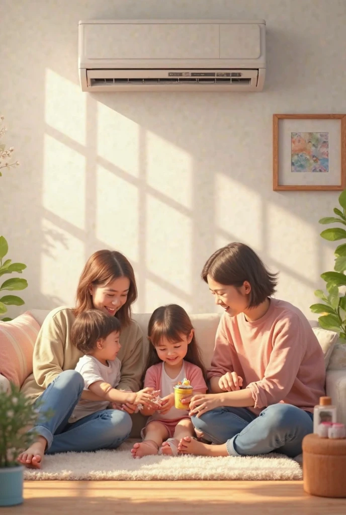 The elder sister and her younger sister are sitting at home eating. In the background, there are people coming to the house to look at the house decoration. The younger sister is and holding an ice cream in her hand. The elder sister is looking at her mobile phone.