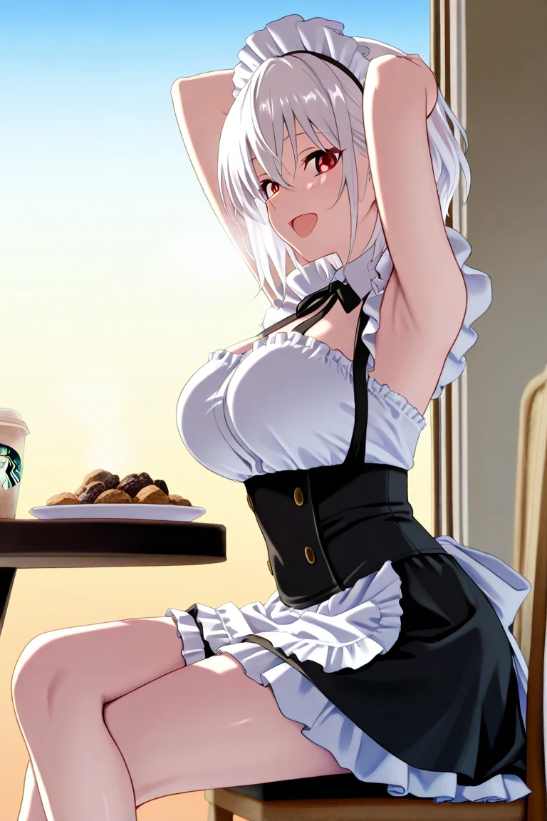 1girl, solo, standing, white hair, smile, waitress costume, breasts on tray <lora:breasts on tray XL:0.6>, in well-decorated cafe, black bra, miniskirt, full body,