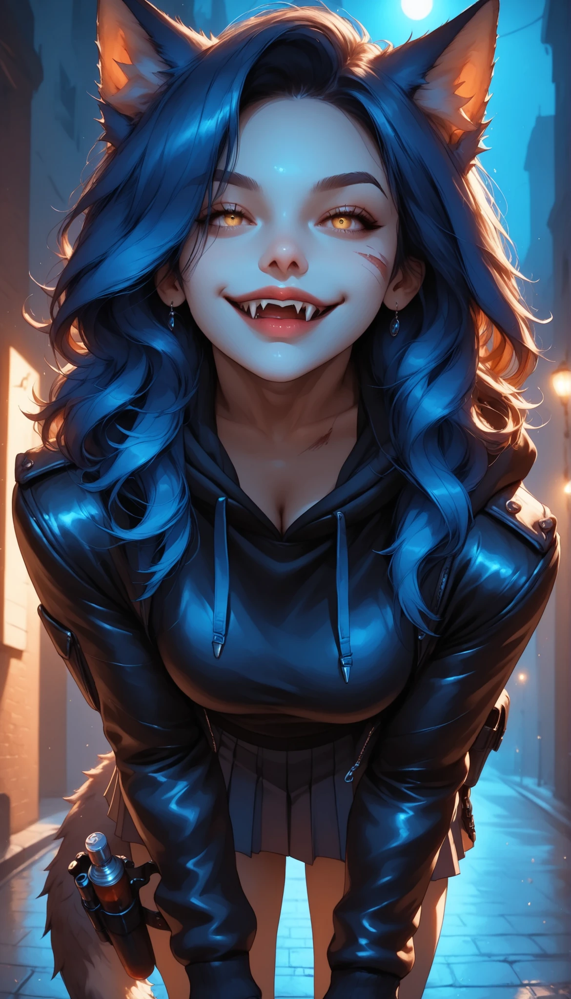 underground_party, neon_glow, colorful_lighting, (detailed_face:1.3), (sharp jawline), (high nose bridge:1.2), full lips, soft skin, refined cheekbones, glowing_skin, arched eyebrows, visible philtrum, 1girl, blue_hair, wolfcut, medium_hair, yellow_eyes, wide_eyes, (nose_bleed:1.2), smirking, fangs, wolf_ears, wolf_tail, leather_jacket, hoodie, pleated_skirt, thigh_holster, test_tubes, vape, exposed_thighs, grinning, cowboy_shot, from_below, leaning_forward, nightclub_background, chaotic_mood, (masterpiece:1.2), (best quality:1.2), ultra detailed, 8k, watercolor, cinematic lighting, volumetric_lighting, rim light, soft shadows, ((forced_perspective)), (Diminishing scale perspective:1.3), (lora:Yandere Queen:0.85), (lora:SDXL high detailed. LoRA_SDXL_ARW_0010:0.75), (lora:Waifu Eyes:0.5), (lora:NKxXmo's Shaded Face:0.5), (lora:NoobAI-XL Detailer:0.6), (lora:Detail Tweaker:0.65)
