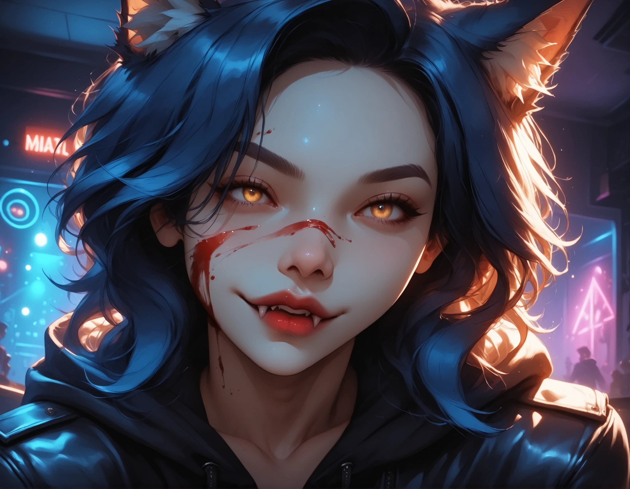 underground_party, neon_glow, colorful_lighting, (detailed_face:1.3), (sharp jawline), (high nose bridge:1.2), full lips, soft skin, refined cheekbones, glowing_skin, arched eyebrows, visible philtrum, 1girl, blue_hair, wolfcut, medium_hair, yellow_eyes, wide_eyes, (bloody_nose:1.2), smirking, fangs, wolf_ears, wolf_tail, leather_jacket, hoodie, pleated_skirt, thigh_holster, test_tubes, vape, exposed_thighs, grinning, cowboy_shot, from_below, leaning_forward, nightclub_background, chaotic_mood, (masterpiece:1.2), (best quality:1.2), ultra detailed, 8k, watercolor, cinematic lighting, volumetric_lighting, rim light, soft shadows, ((forced_perspective)), (Diminishing scale perspective:1.3), (lora:Yandere Queen:0.85), (lora:SDXL high detailed. LoRA_SDXL_ARW_0010:0.75), (lora:Waifu Eyes:0.5), (lora:NKxXmo's Shaded Face:0.5), (lora:NoobAI-XL Detailer:0.6), (lora:Detail Tweaker:0.65)