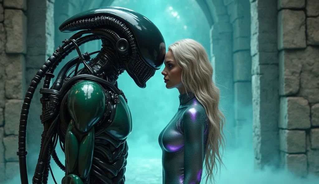Jayne Mansfield in a scifi sexy battle suit (pink chrome) wielding a light sword (pink), bubblegum hair, streets of Bangkok challenging an Alien Xenomorph 'ROUND 1 FIGHT!' written in large letters along the bottom of the screen (Alert: only one light sword, only one light sword blade)