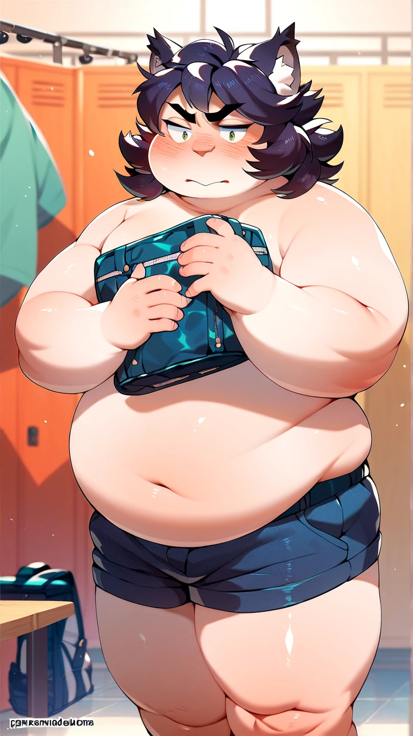 Kemoshota, dressing room, casting off his clothes, navel, dynamic angle, sweat drops, sweat, hot